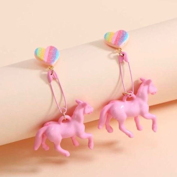 Jewelry - LAST PAIR!!! Rainbow & pink heart & horse carousel drop earrings